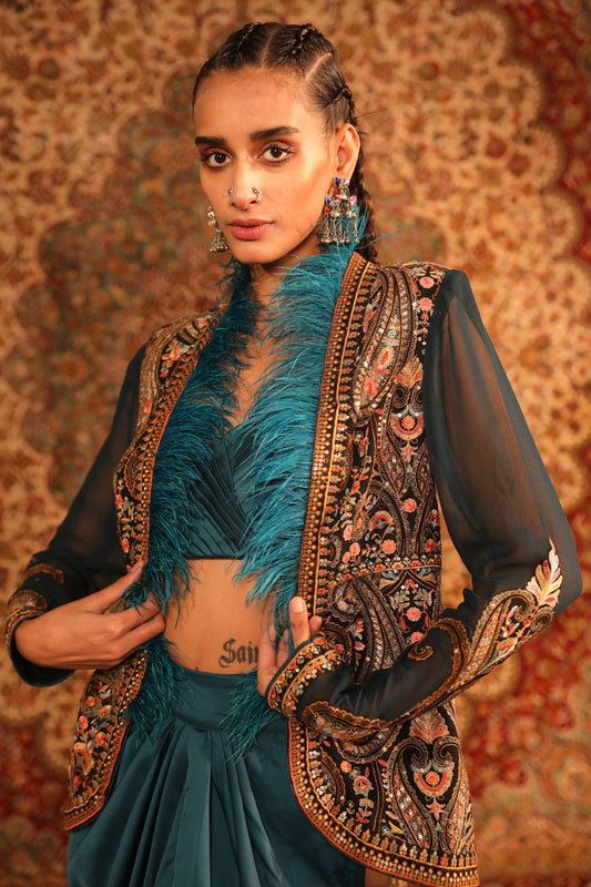 Teal Kashida Jacket set