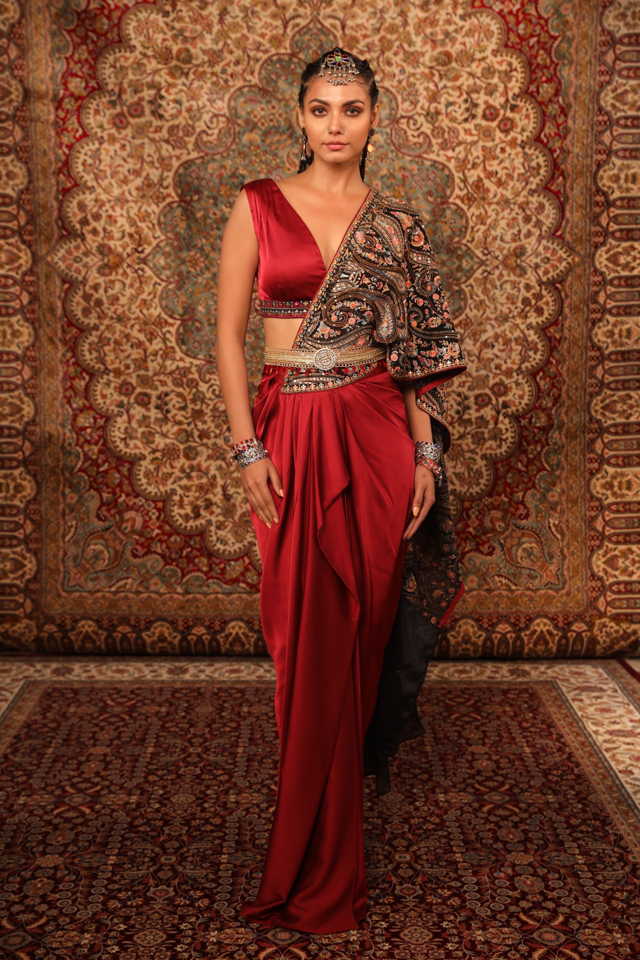 Buy Women's Red Embroidered Draped Saree Skirt