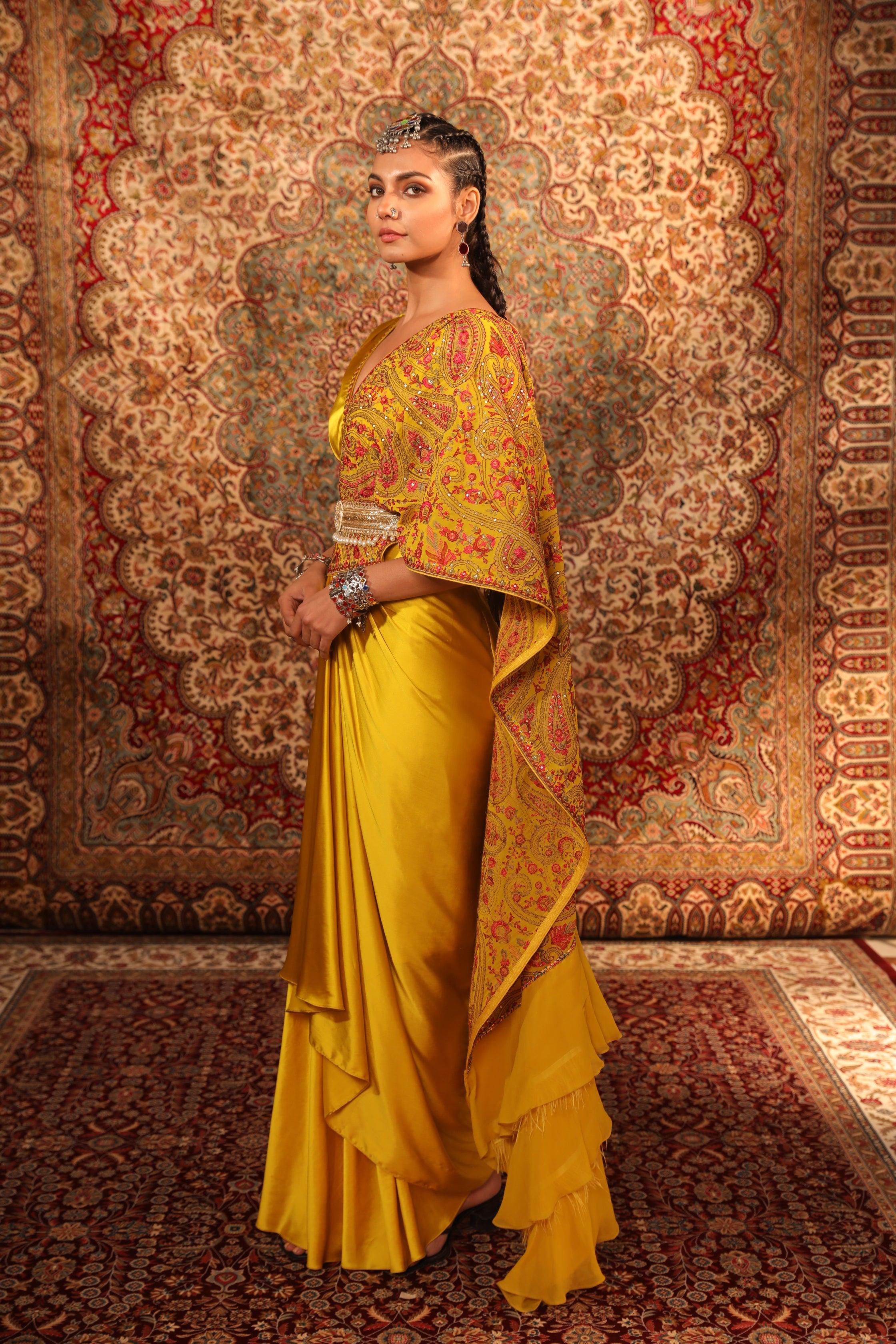 Shop Mustard Kashida Embroidered Draped Saree