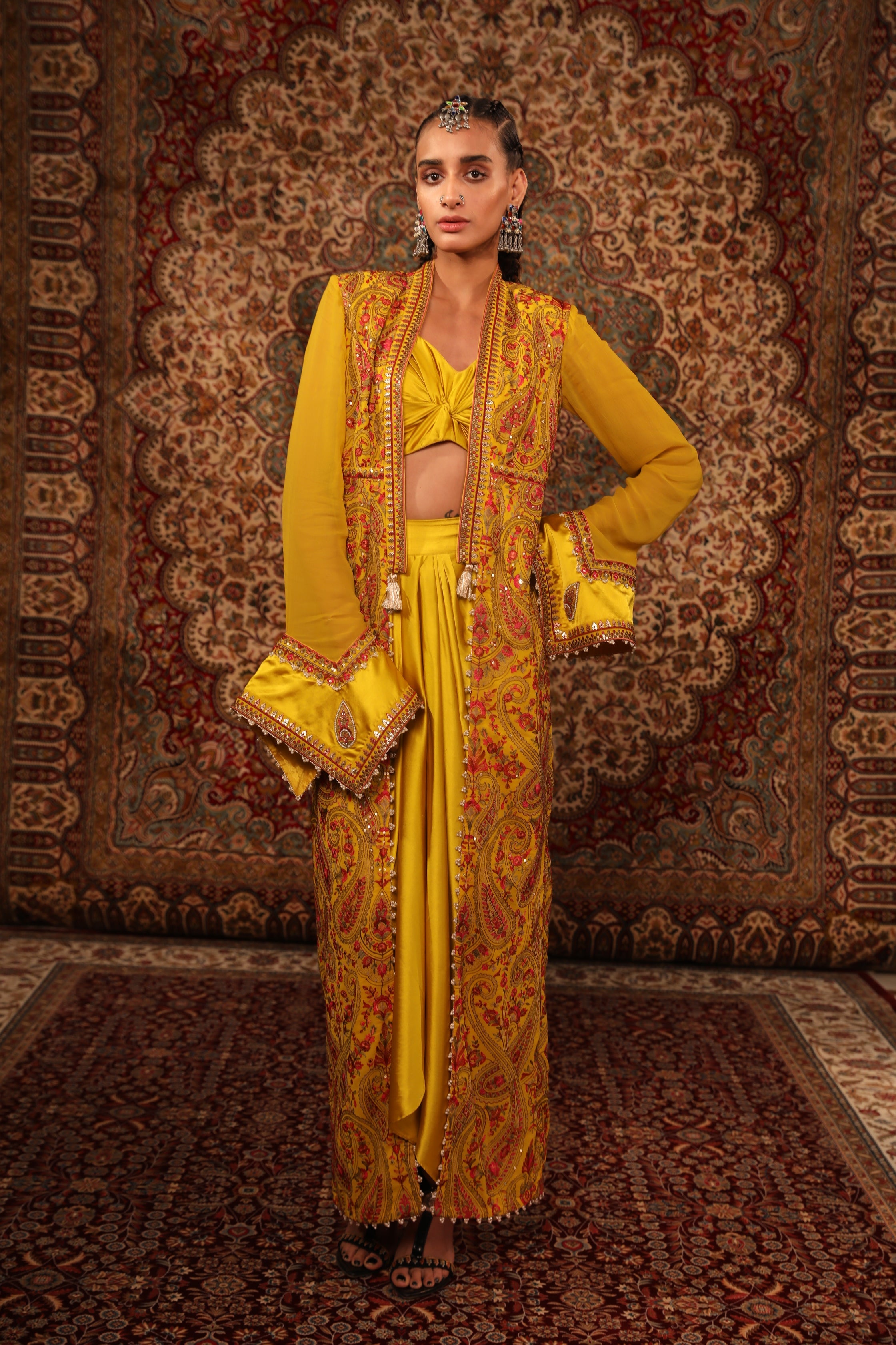 Women's Mustard Embroidered Long Jacket Set