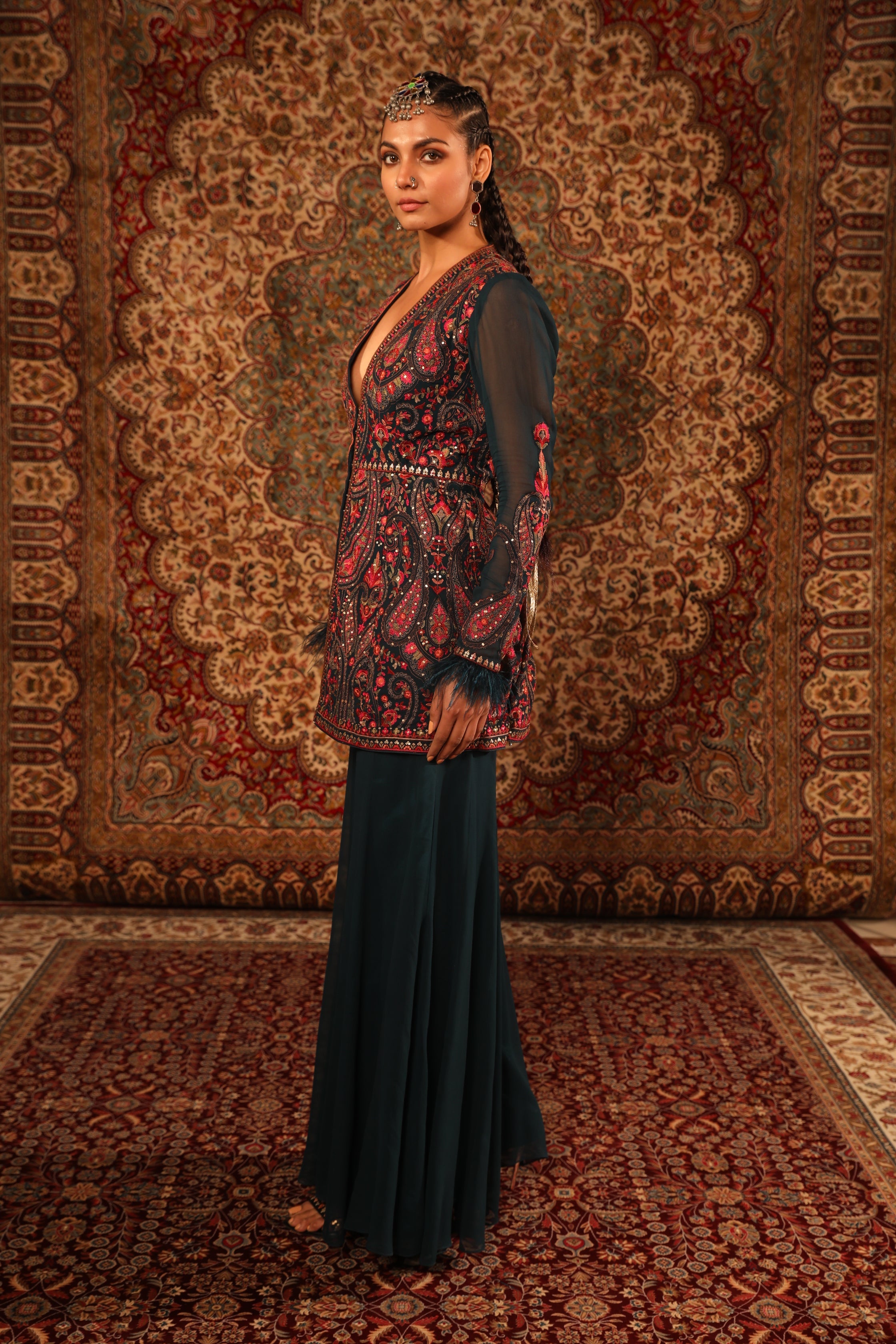 Women's Teal kashida Embroidered Sharara Set sideview