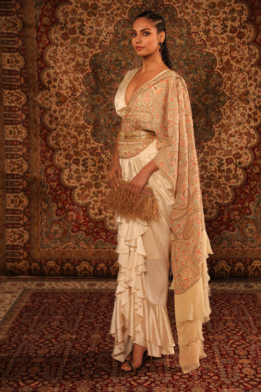 Ivory Kashida Draped saree