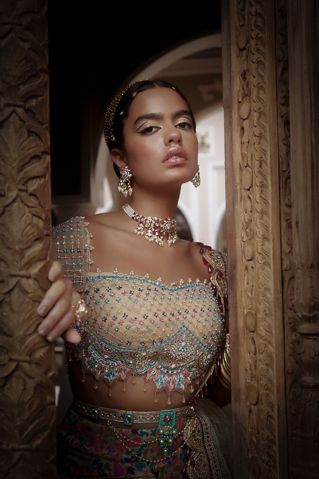 Women's Cream Floral Jamawar Lehenga