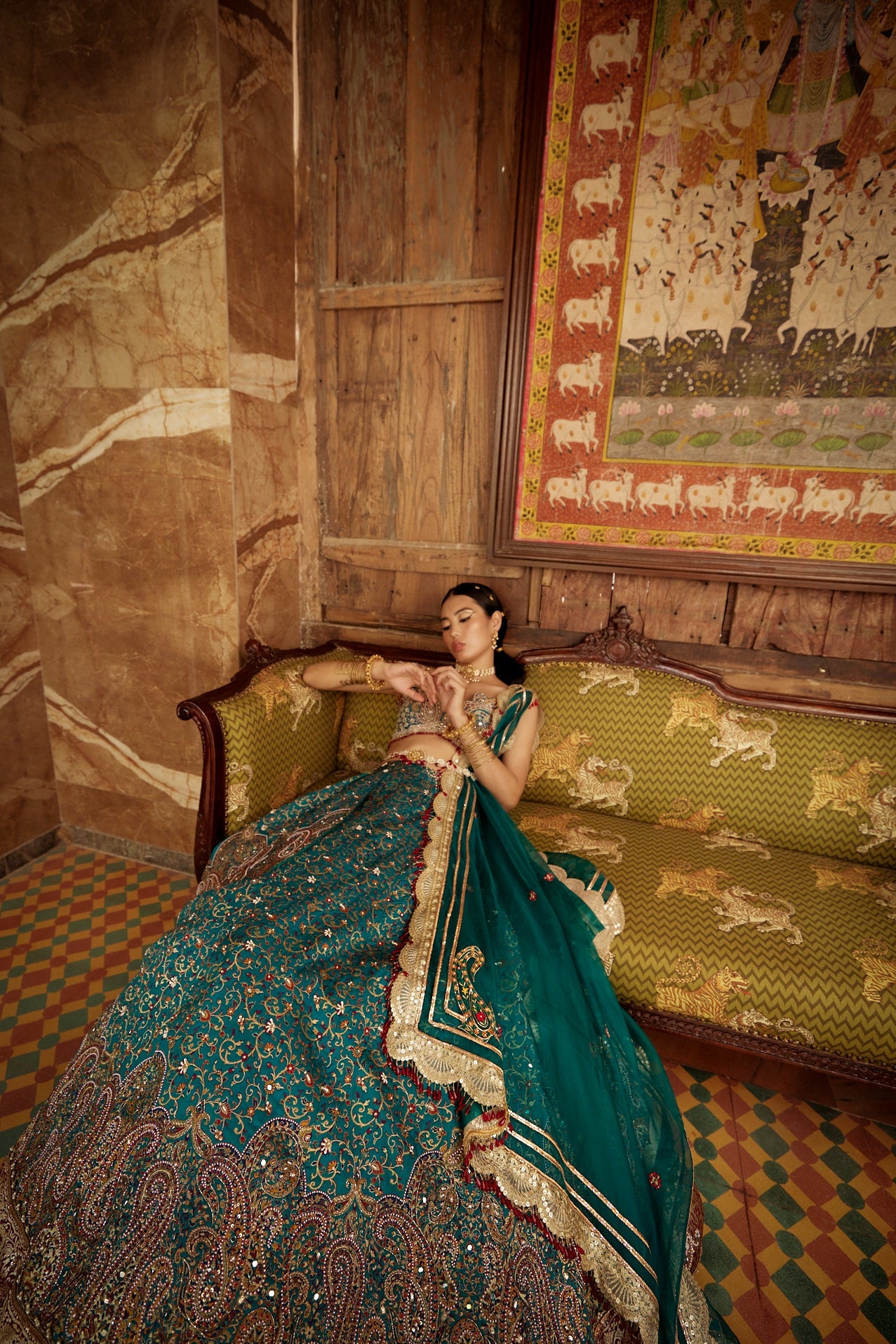 Buy Teal Blue Jamawar Embroidered Lehenga Set