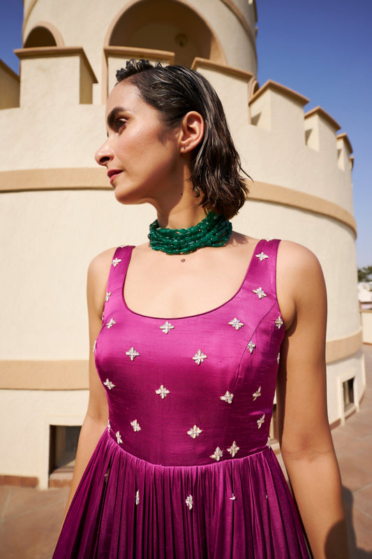 Round Neck All Over Butti Embroidered Can can Floor Length Anarkali- EC-AK-EG24-08- Purple