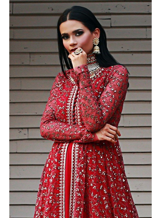 Red Aari Jacket Anarkali