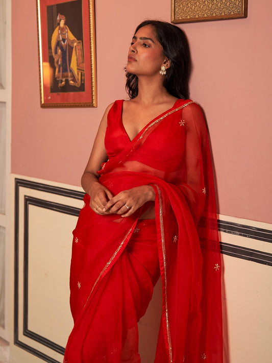 Red Hibiscus Silk Organza Saree