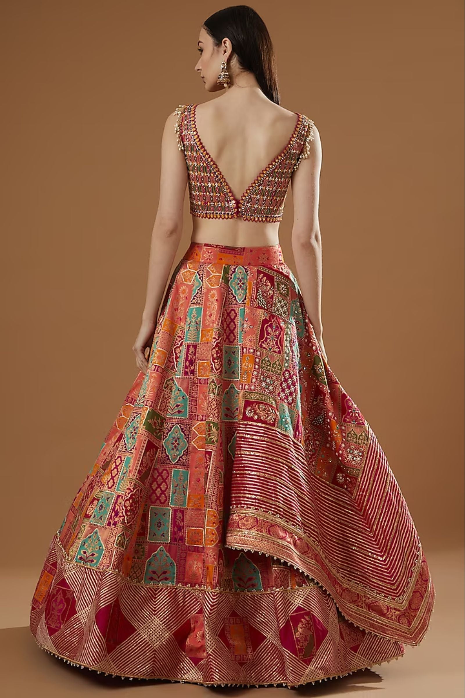 Coral Banarasi Jamawar Embroidered Lehenga