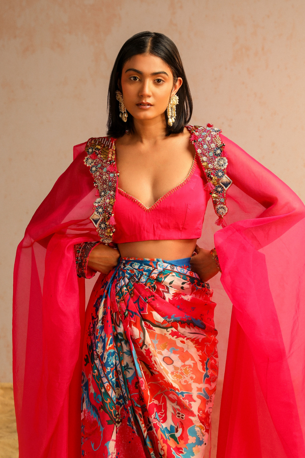 Kalki Koechlin in Hot pink draped skirt with blouse & cape