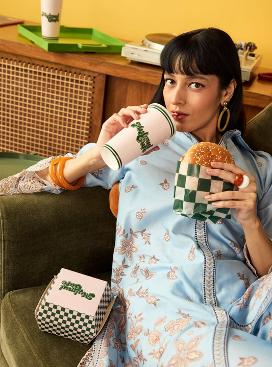 Zavi Pima Satin Blue Printed Co-ord set