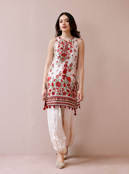 Mivya Cupro Satin Off-white Kurta with Balloon Pants