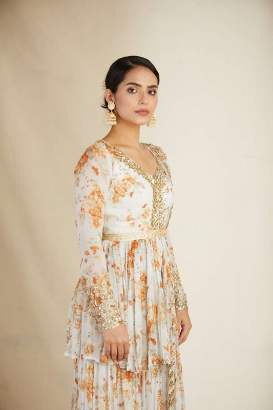 Off White Floral Peplum Set