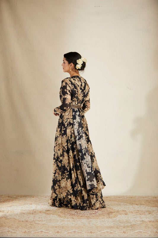 Black Floral Jumpsuit With Cape Set