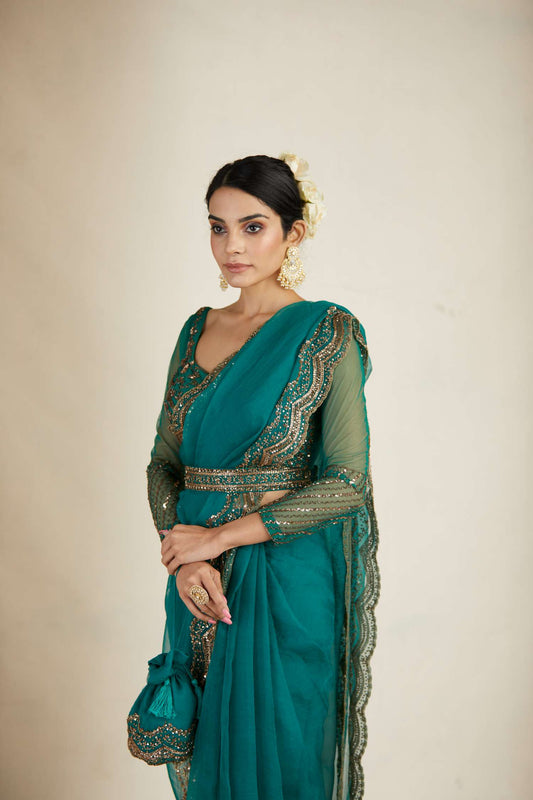 Teal Green Organza Sequence Work Saree Set