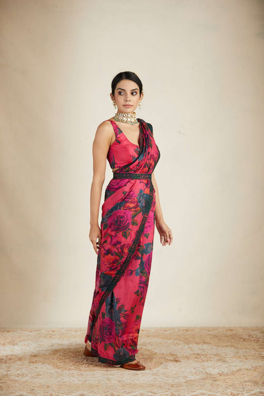 Hot Pink Floral Saree Set