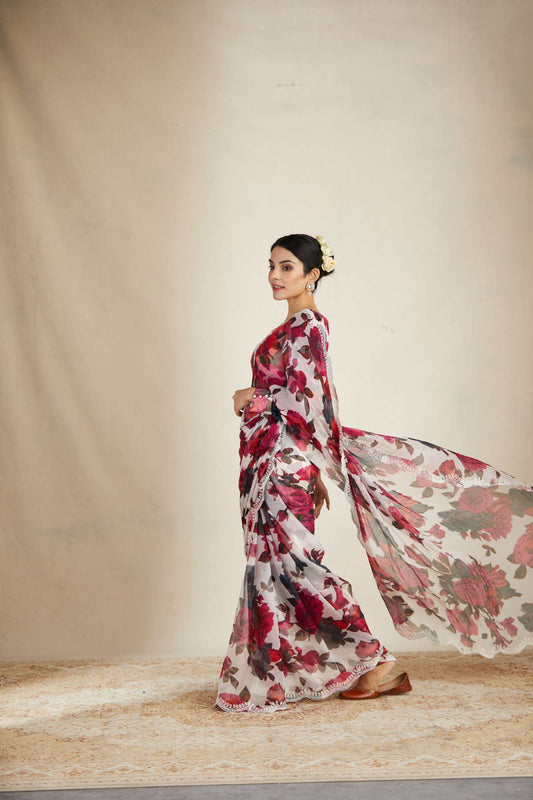 White Red Floral Saree
