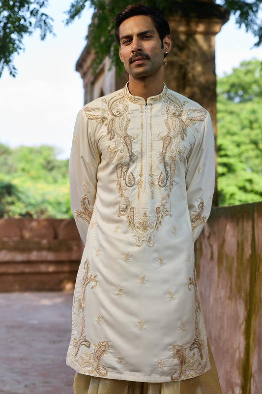 Ivory Paisley Palm Silk Embroidered Kurta Set