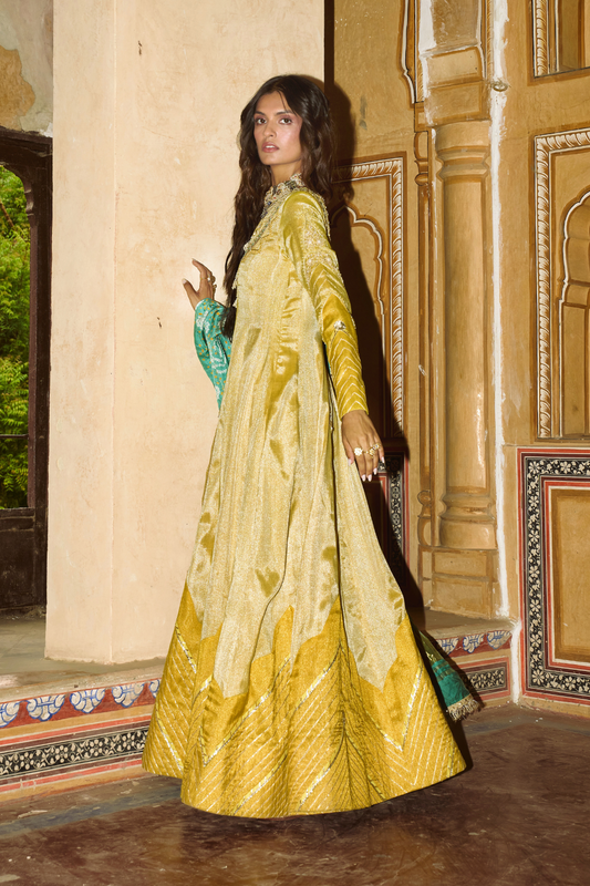 Mustard yellow tissue Anarkali with firozi silk dupatta