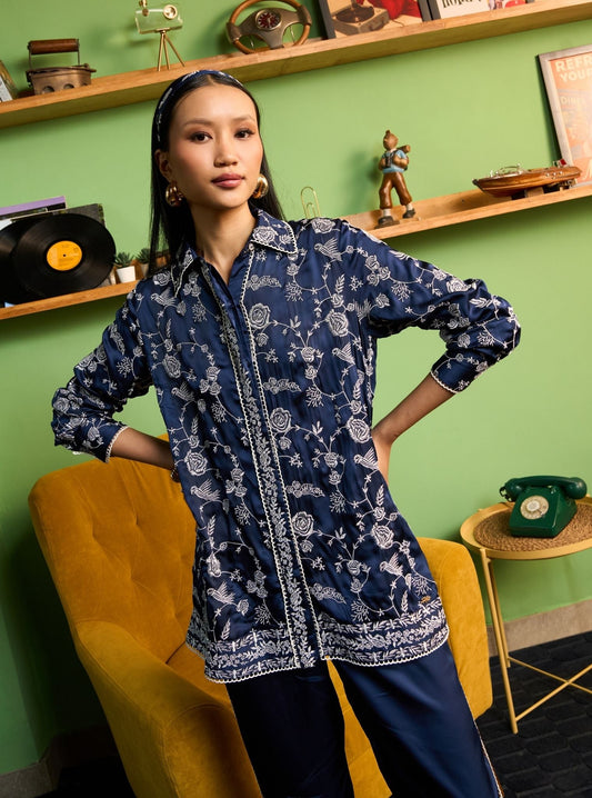 Zuvina Cupro Satin Navy Shirt Set