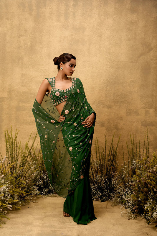 Emerald green Pre-stitched hand embroidered georgette saree set