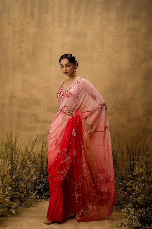 Pink ombre Pre-stitched hand embroidered organza saree set