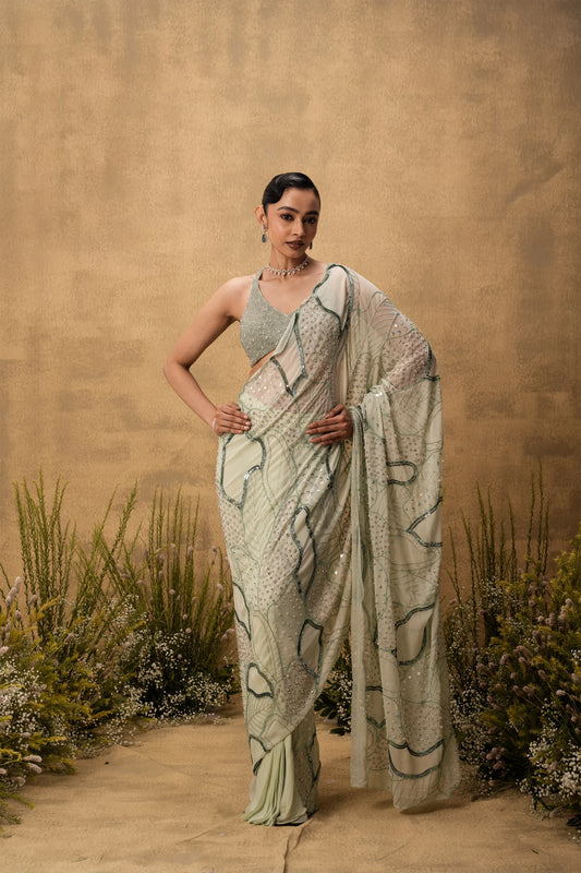 Mint green Pre-stitched hand embroidered georgette saree set