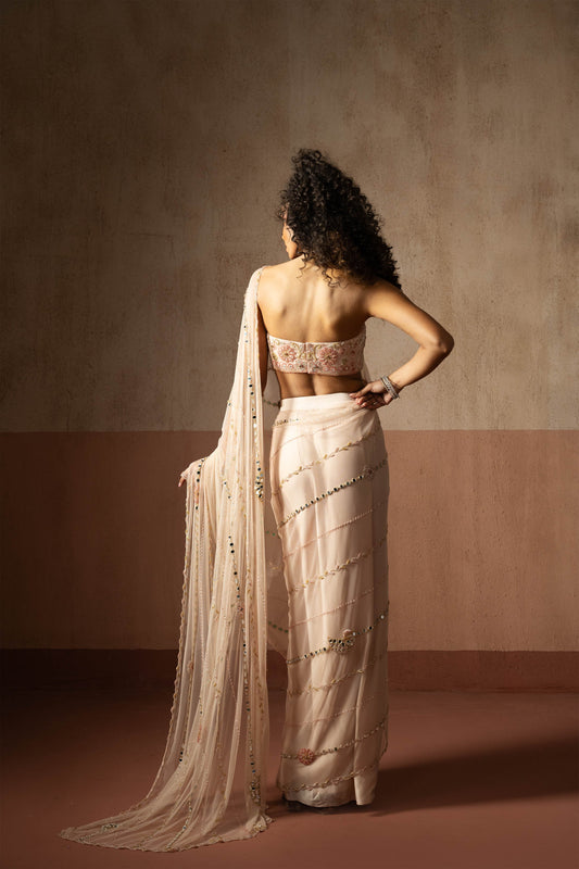 Predraped, Baby Pink, Hand Embroidered Net & Satin Saree
