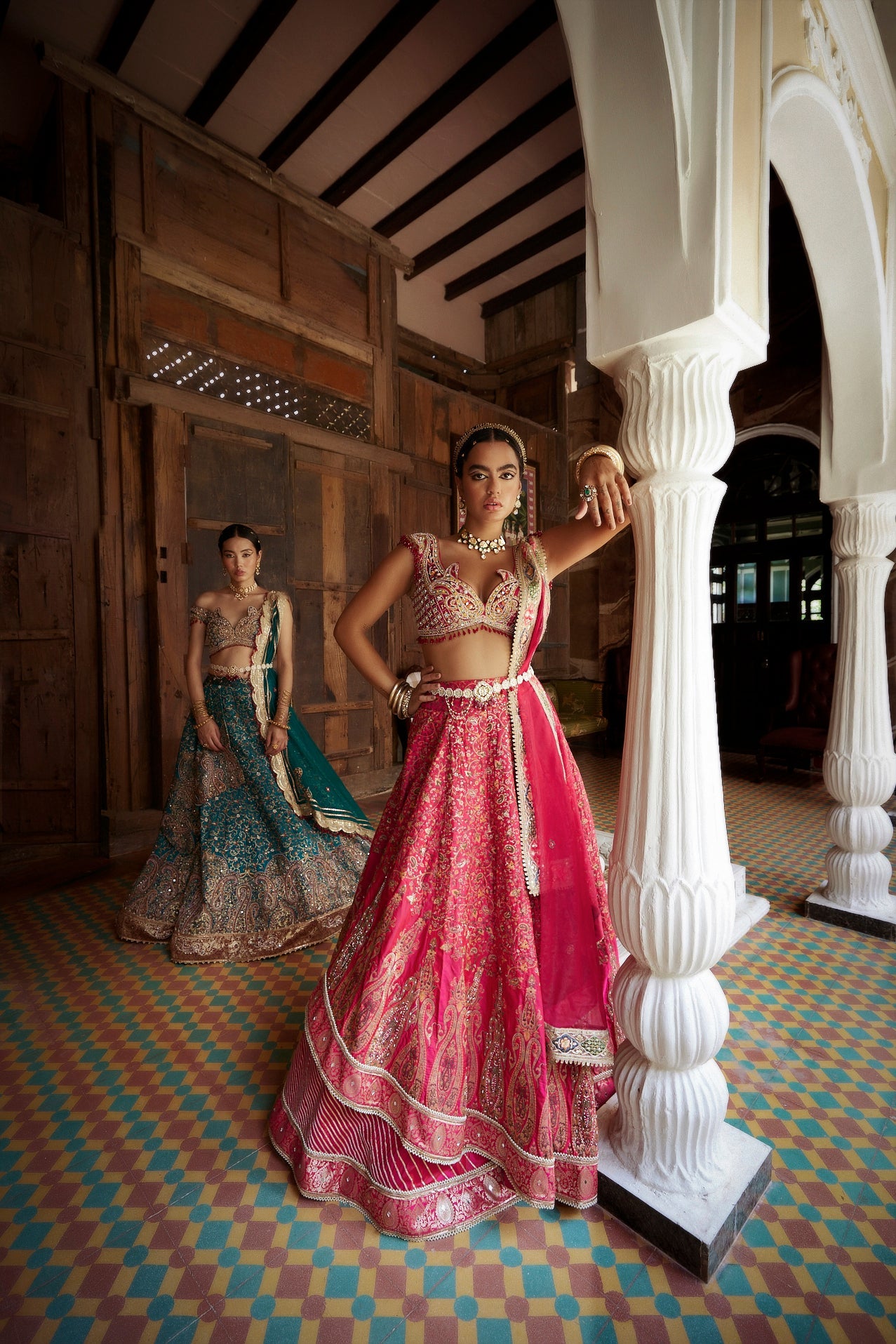 Coral Jamawar Katan Embroidered Lehenga