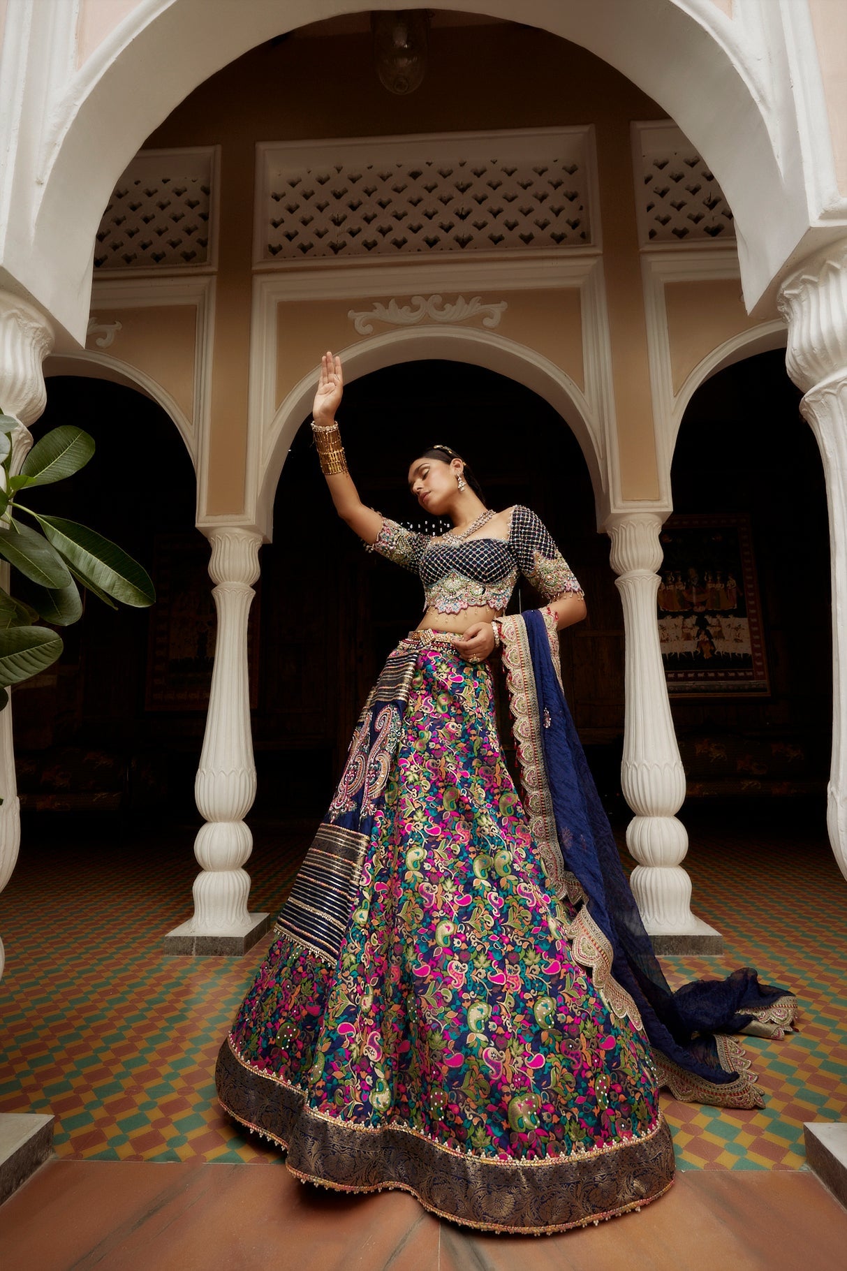 Women's Dark Blue Jamawar Embroidered Lehenga