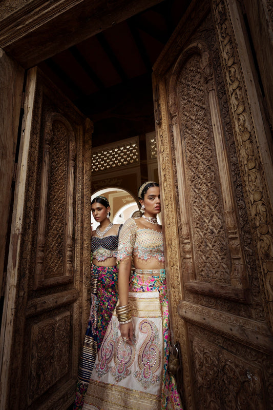 Women's Cream Floral Jamawar Lehenga