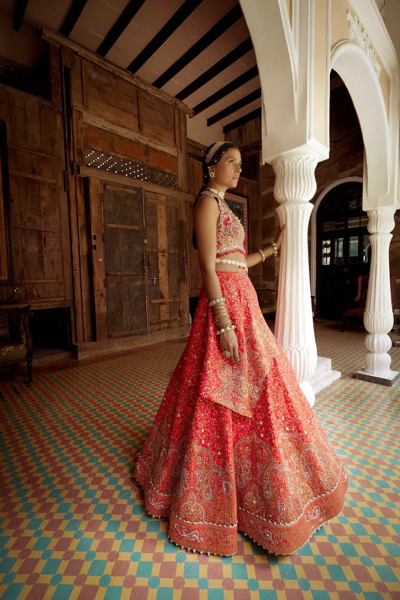 Women's Red Silk Embroidered Lehenga Set