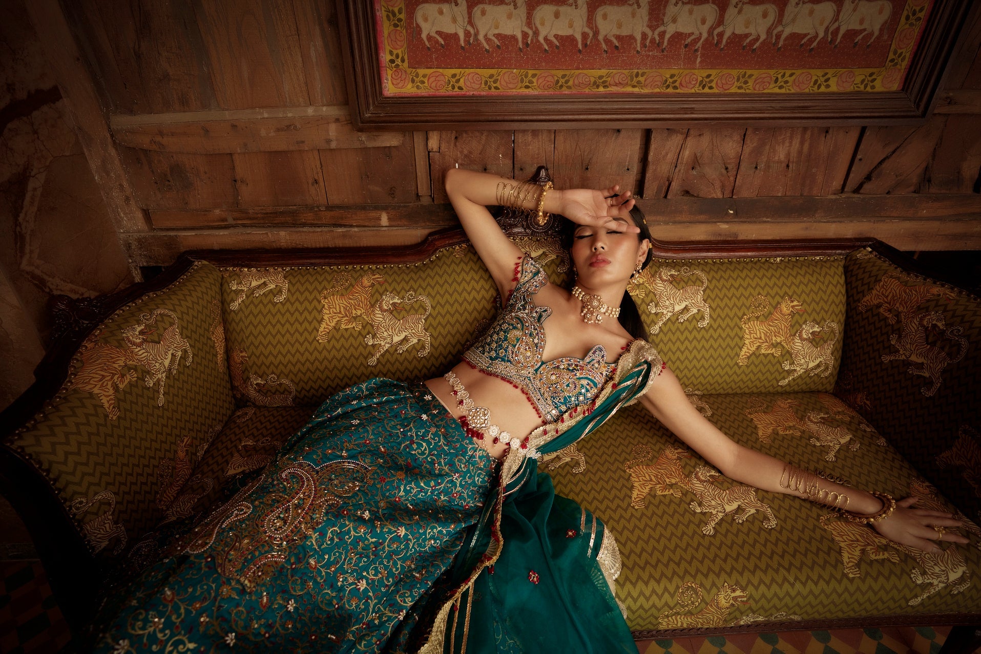 Buy Teal Blue Jamawar Embroidered Lehenga Set