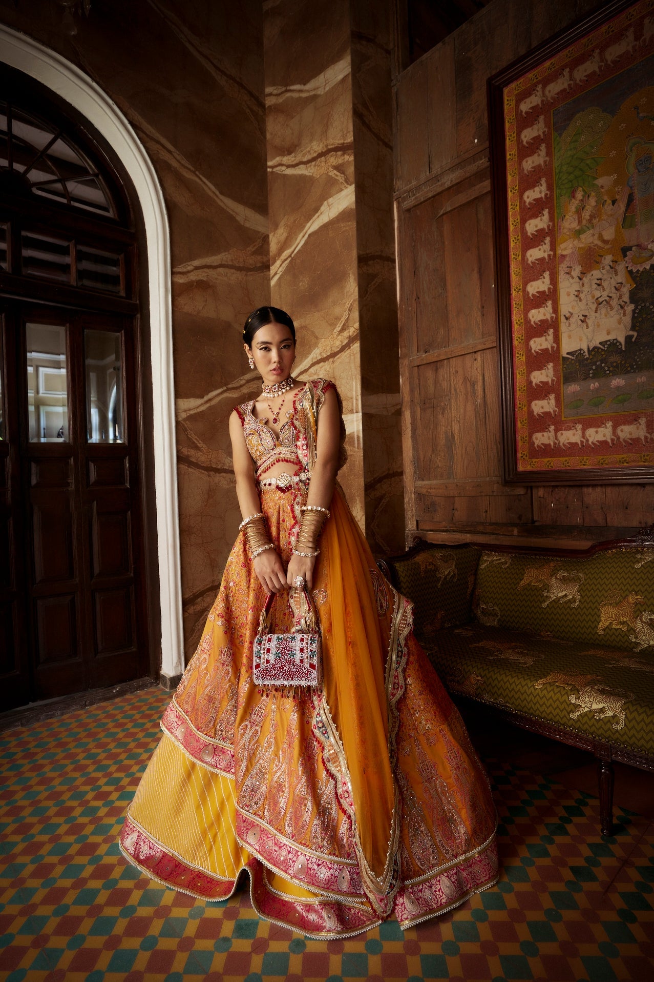 Women's Mustard Jamawar Katan Lehenga Set