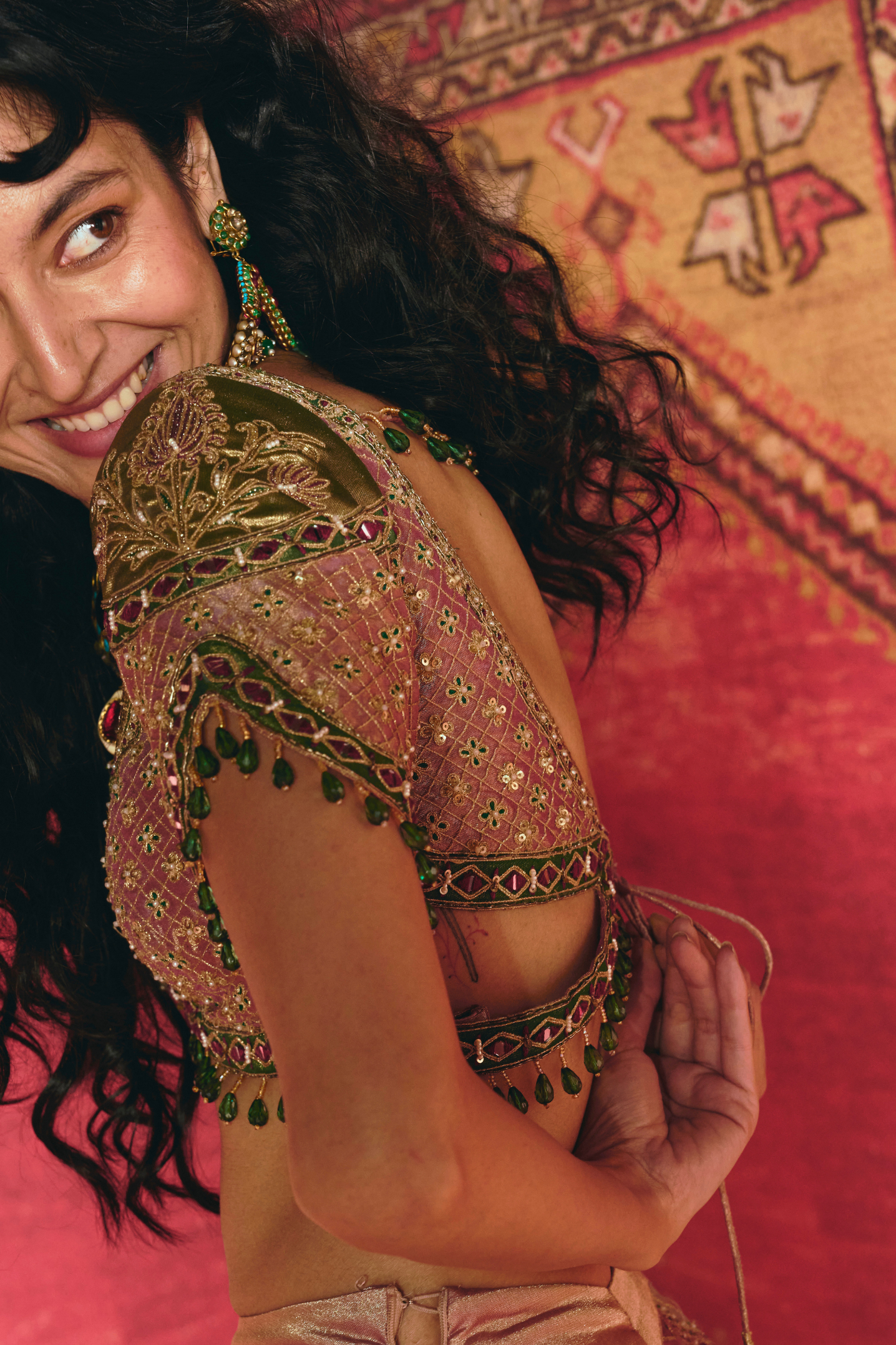 Pink and Rose Gold Pure Tissue with Green Banarsi Lehenga Set