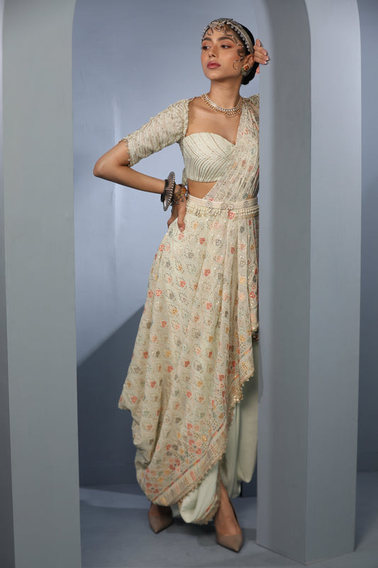 Women's Cream Floral Draped Saree Set