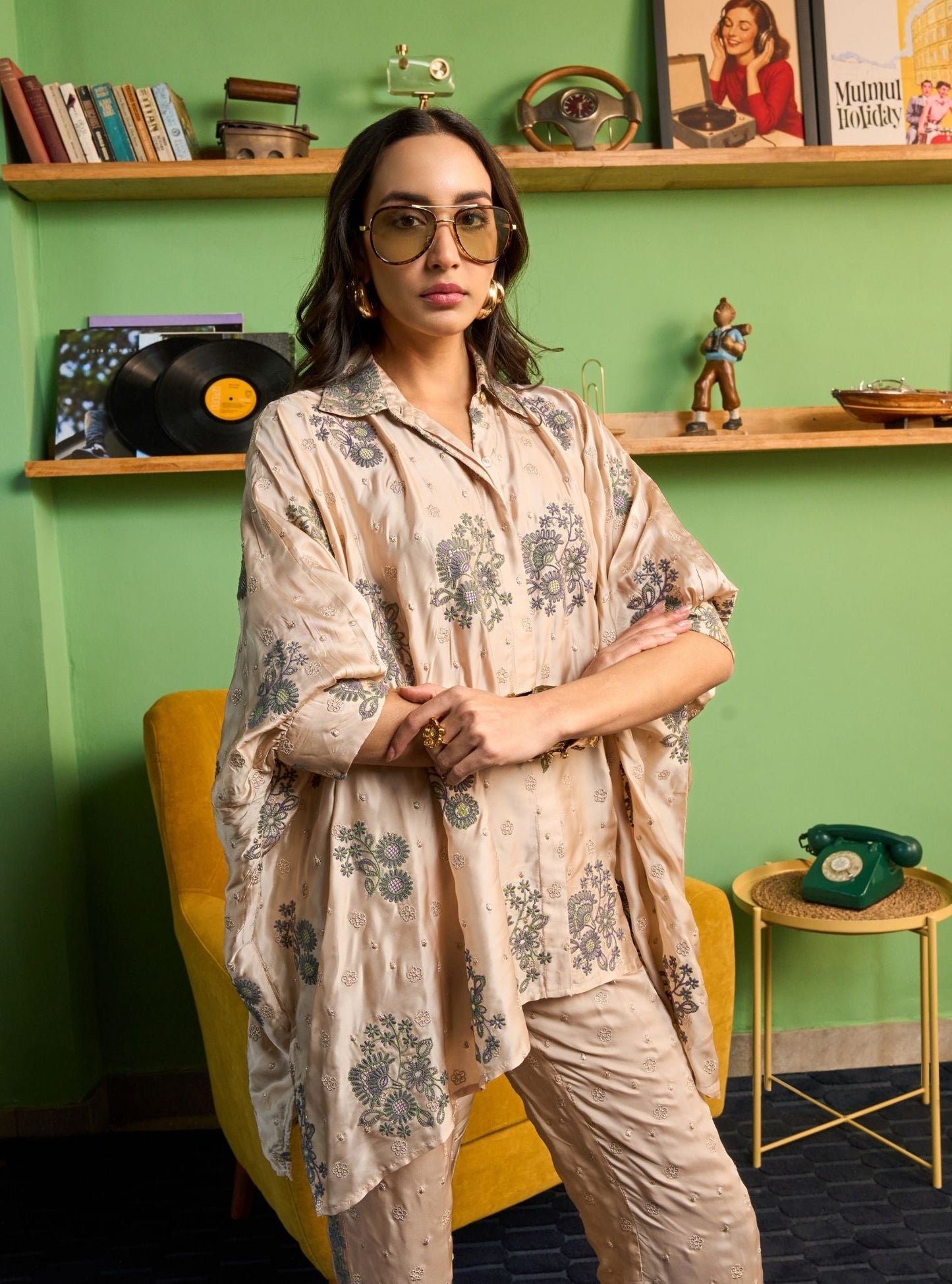 Siyaahi Cupro Satin Champagne Embroidery Shirt Set