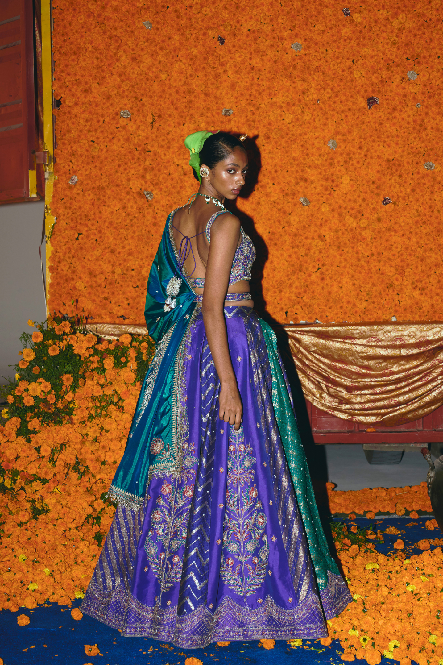 Purple and Teal Silk Banarsi Lehenga Set