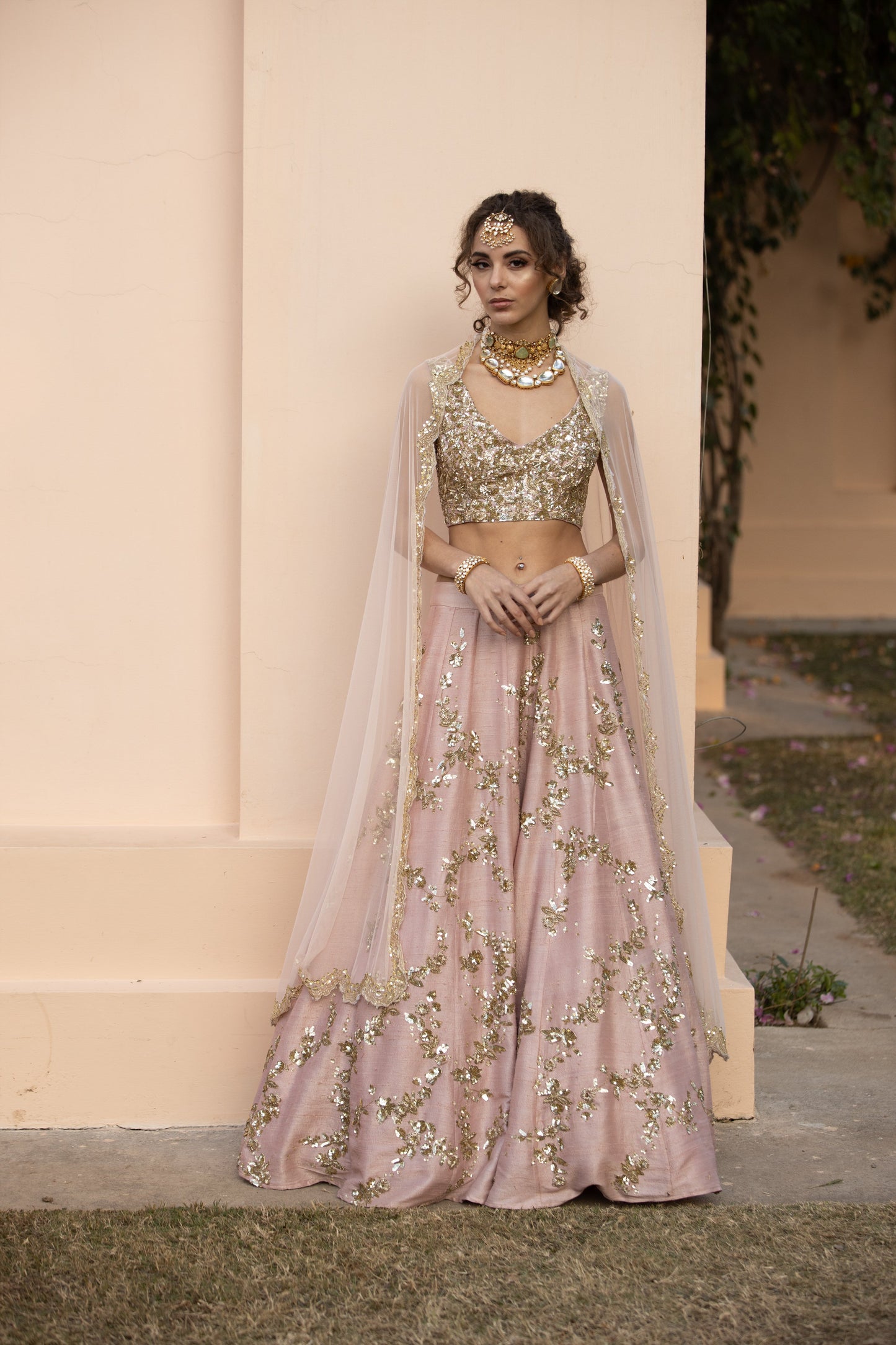 Baby Pink With Gold Jaal Work Lehenga Set