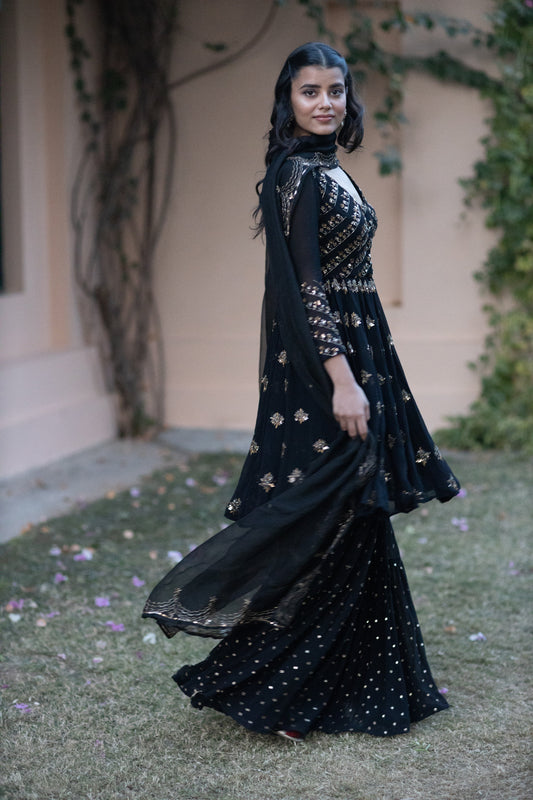 Black And Gold Georgette Jacket Sharara