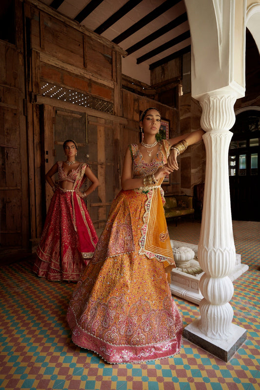 Yellow Jamawar Katan Silk Lehenga