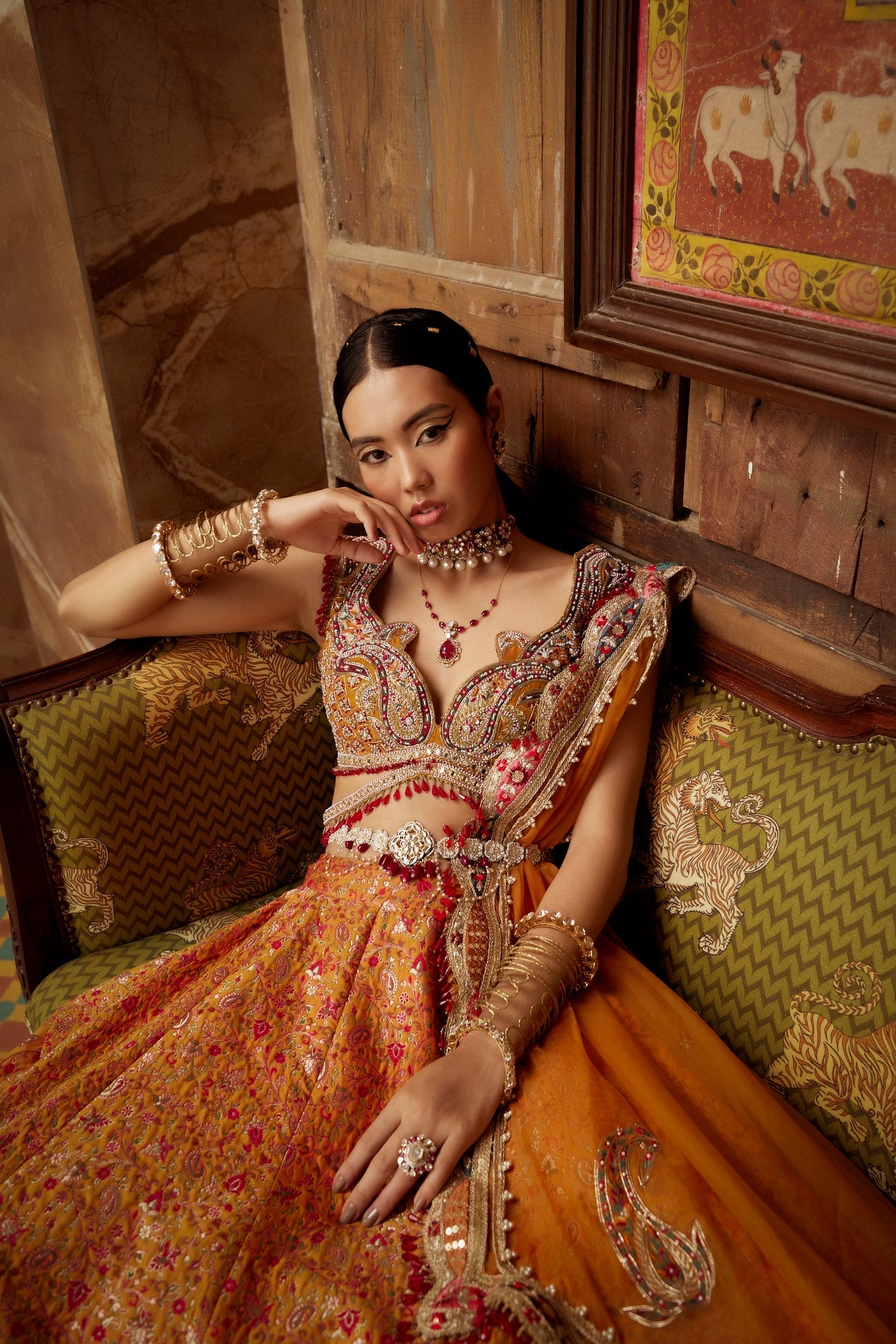 Women's Mustard Jamawar Katan Lehenga Set