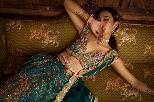 Buy Teal Blue Jamawar Embroidered Lehenga Set