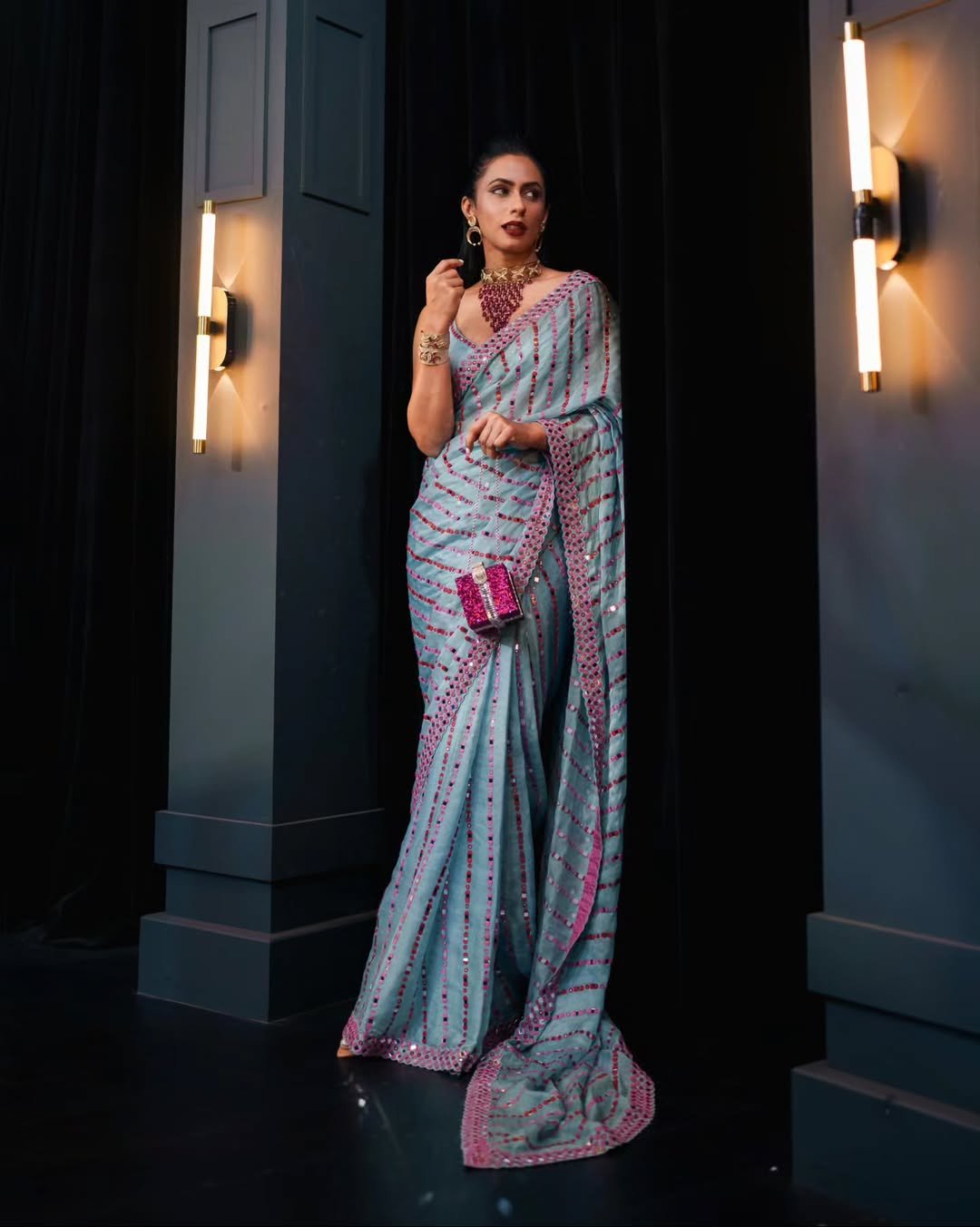 PAVITRA SAGAR In Chahak Ice Blue Mirror Work Saree Set