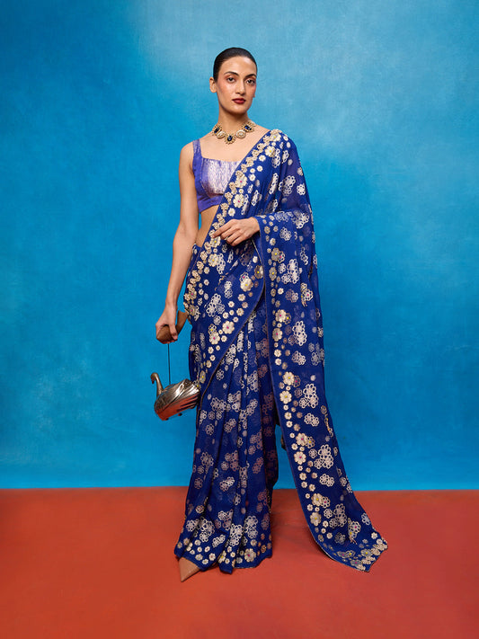 Handwoven Royal Blue Chiffon Banarasi Saree