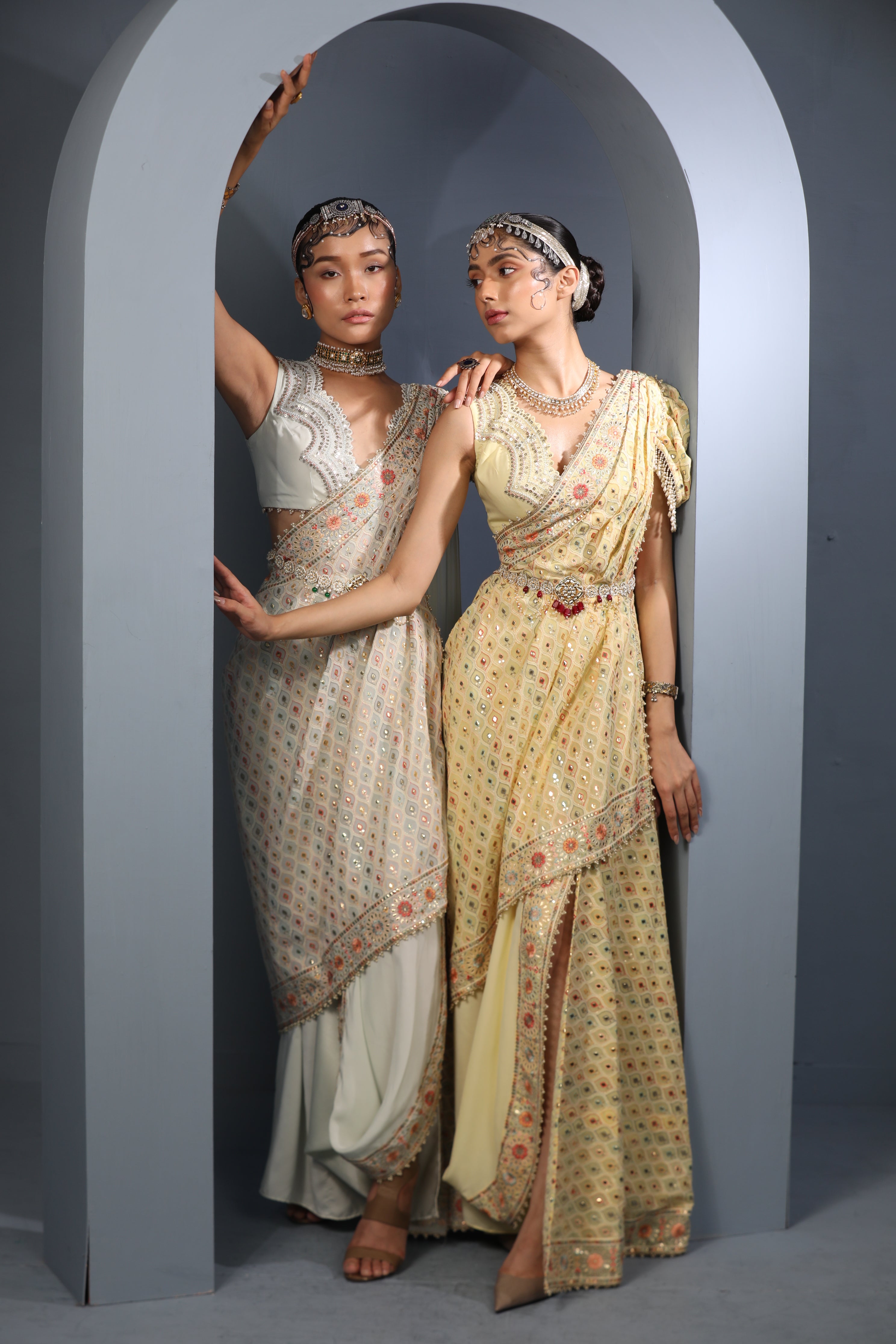 Women's White Floral Draped Saree Set