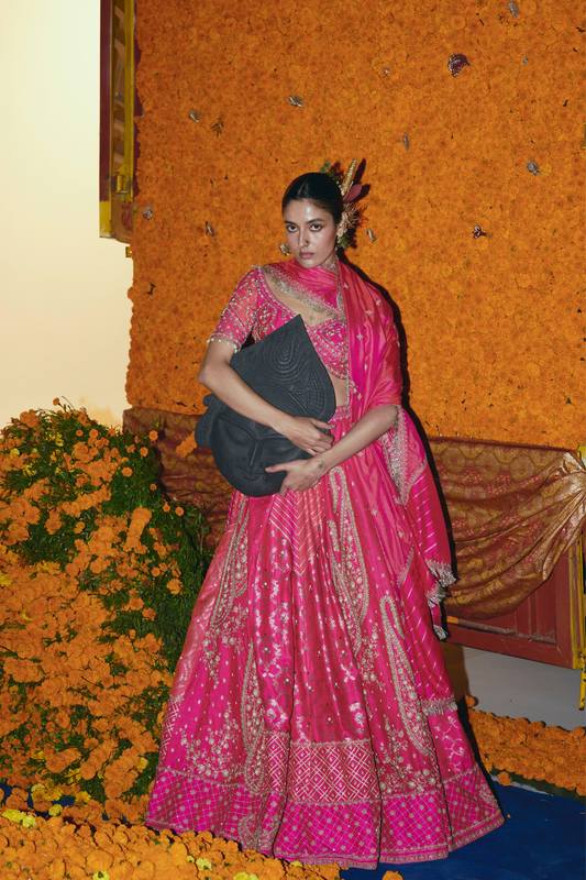 Abstract Pink and Peach Silk Banarsi Lehenga Set