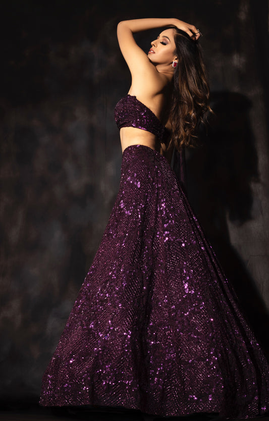 wine purple lehenga engagement surabhi chopra