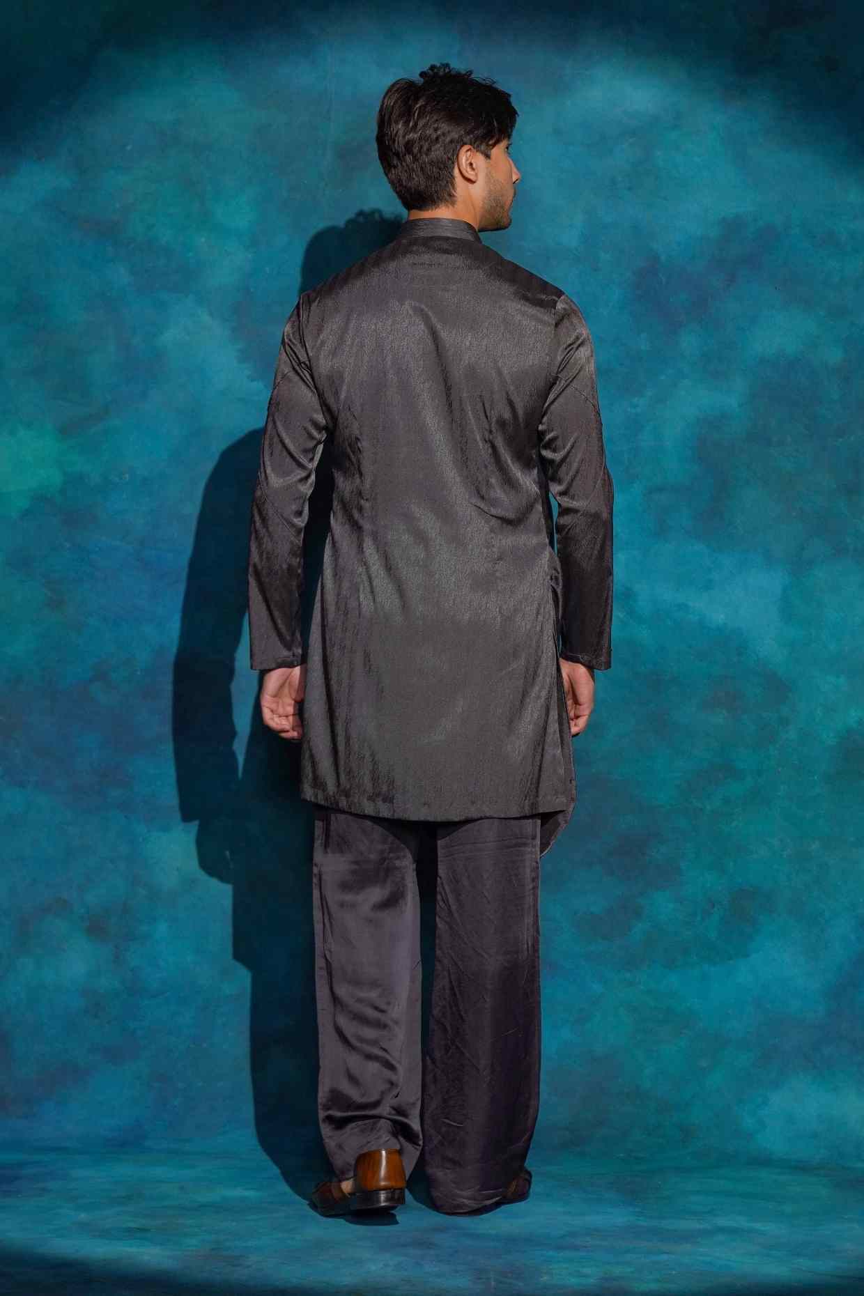 CHARCOAL GRAY LONG DRAPE KURTA SET