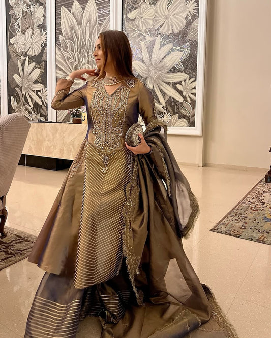 Kompal Matta Kapoor in our Purple silk zari tissue anarkali with sharara and dupatta set