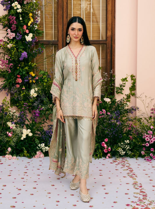 Saaj Cupro Satin Sage Green Kurta Set